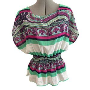 Womens Connection 18 Paisley Print Top M Multicolor Smocked Waist Short Sleeve